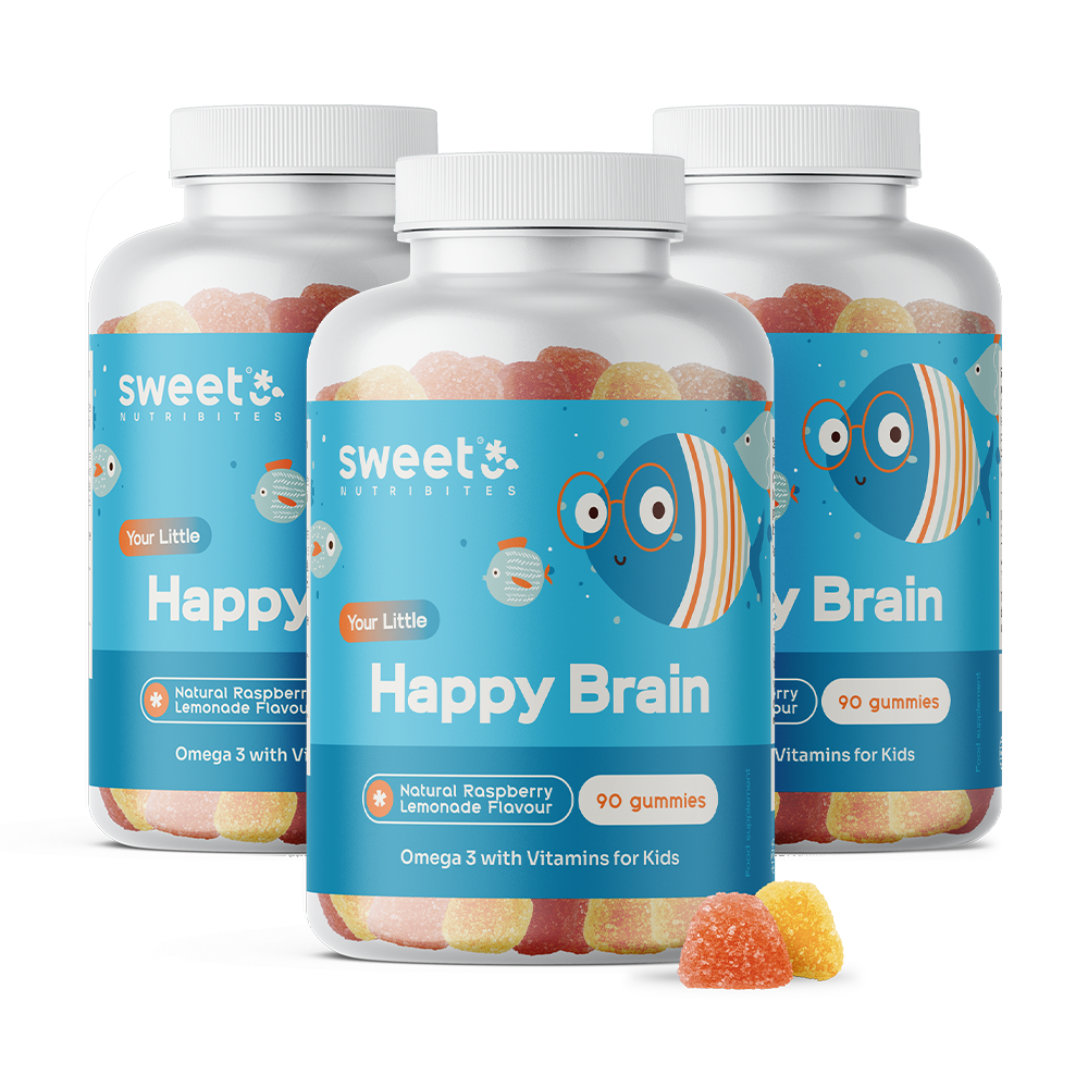 3x Happy Brain – gumové cukríky pre deti s omega-3 mastnými kyselinami, spolu 270 gumových cukríkov